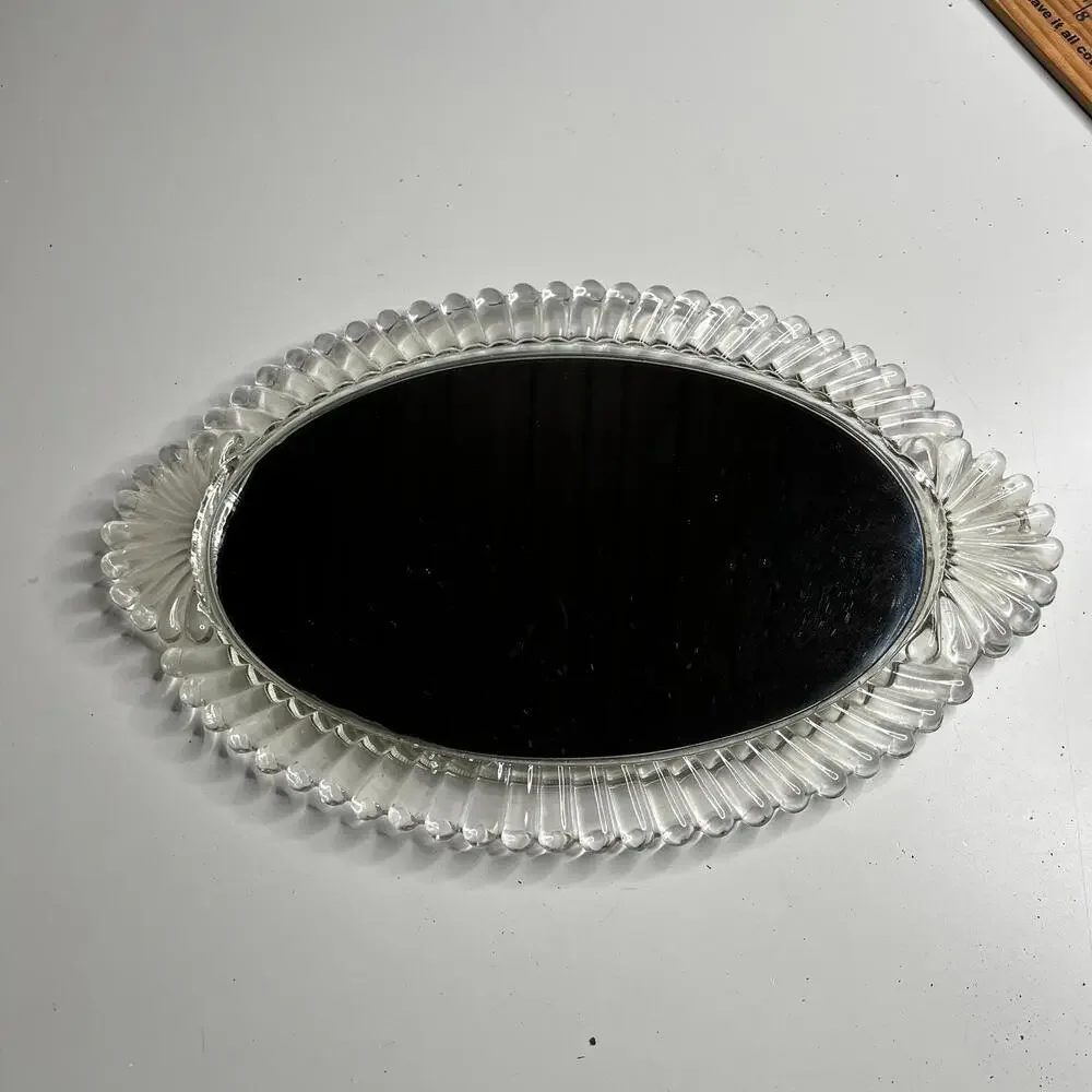 Vintage Oval Glass Vanity Mirror Tray‎ Clear Scalloped Edge Made In USA Decor